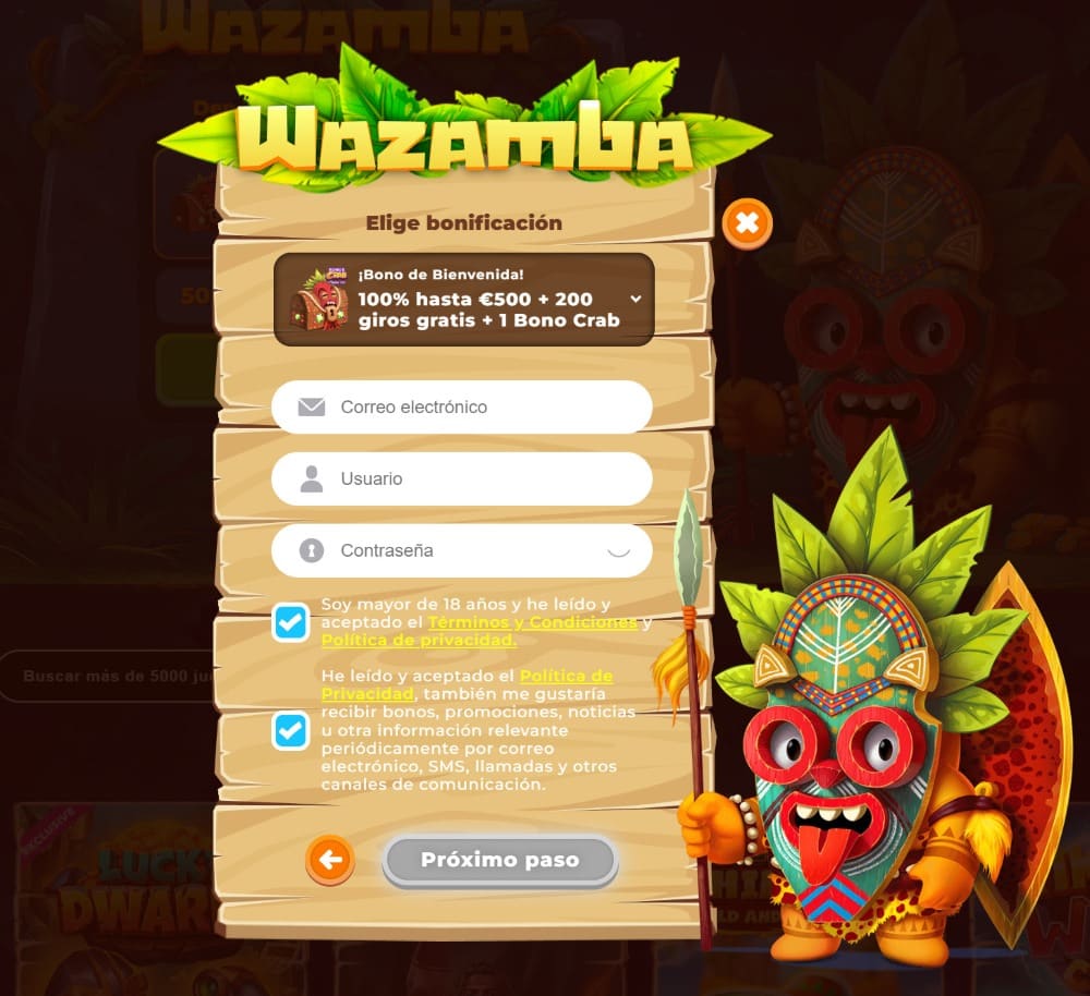 Inscripción en Wazamba Casino